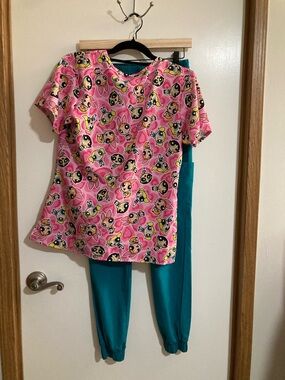 Pink Cartoon-Print V-Neck Scrub Top by SB Scrubs
